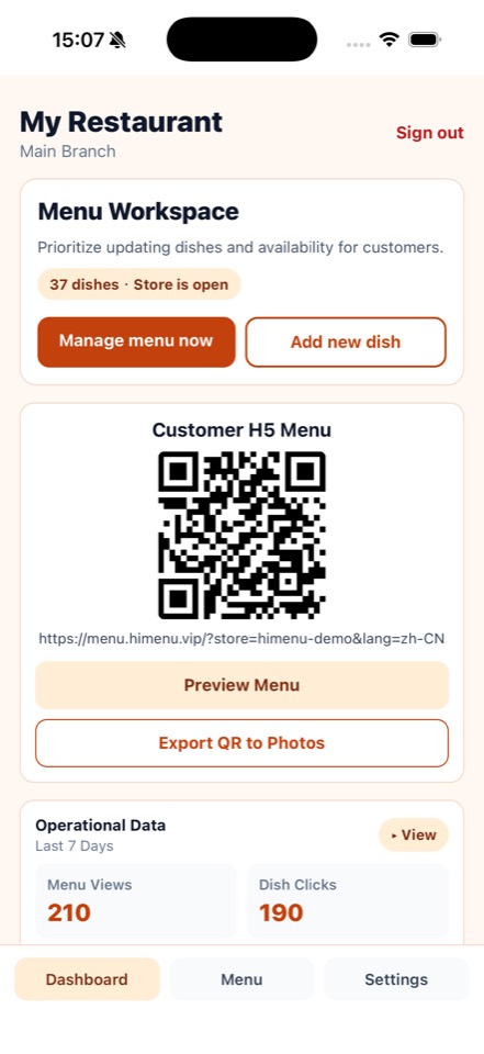 HiMenu merchant dashboard screen